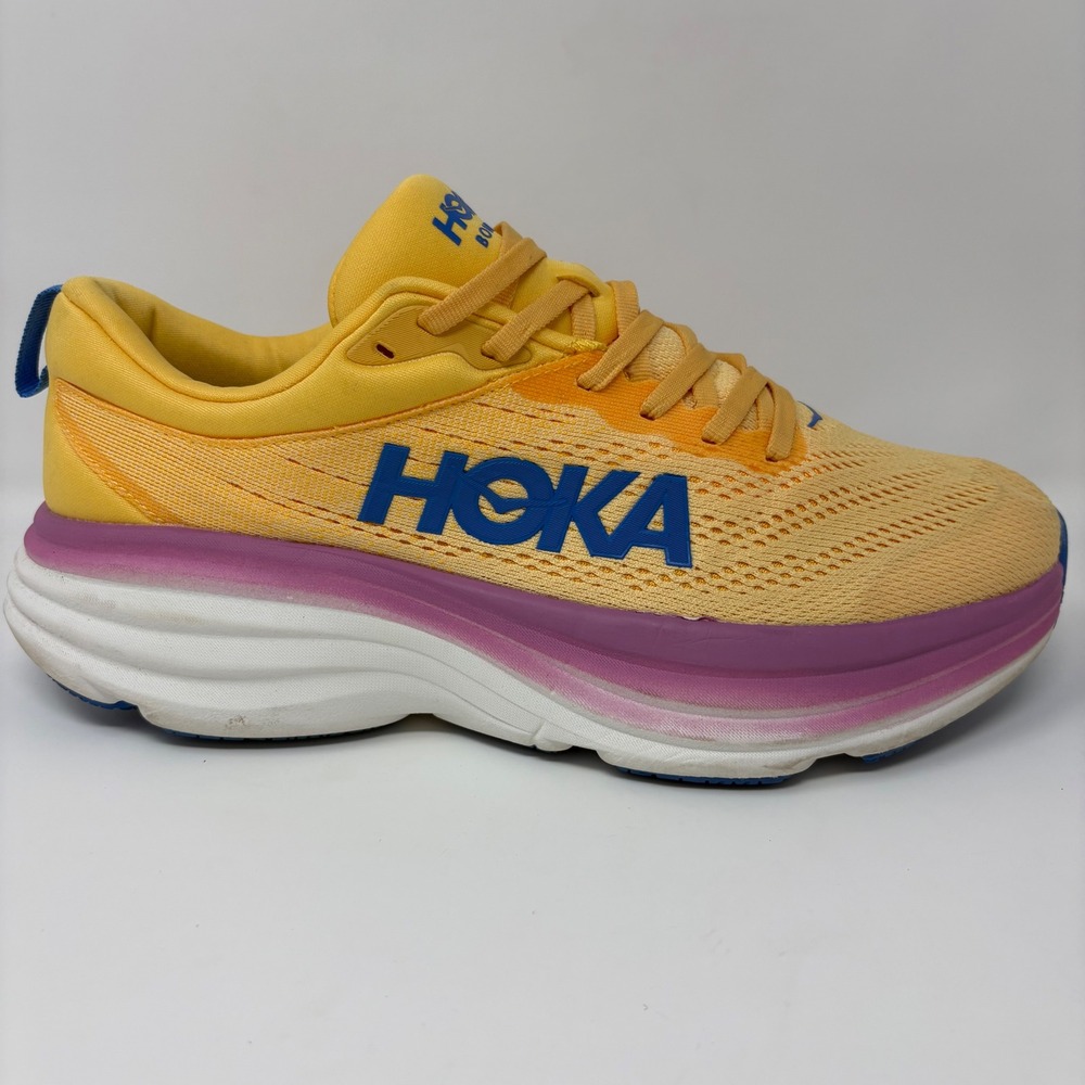 Hoka Bondi 8 Mens Size 8.5 Yellow Purple Athletic Running Shoes (1127952)